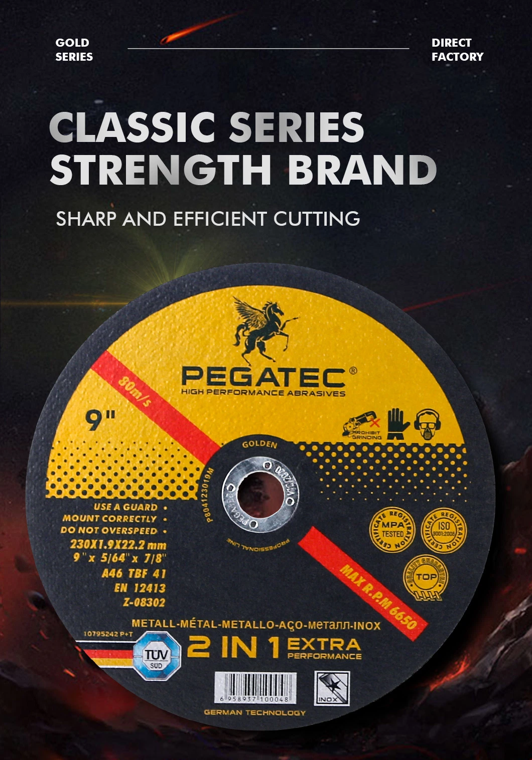 Pegatec 9inch 230X1.9X22mm Abrasive Inox Cut Wheel Metal Cutting Disc